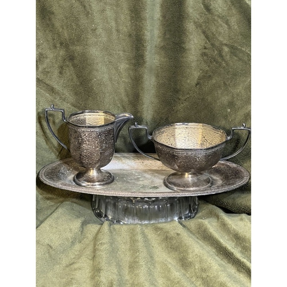 Silver-Plate Sugar, Creamer and Platter (0674) by W. M. Mounts (1949)
